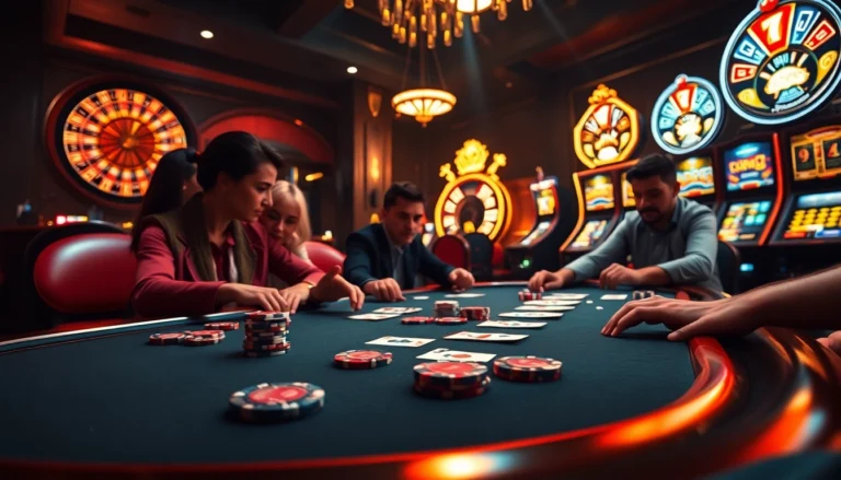 Explore the excitement of cakhiatv as players enjoy high-stakes games at a vibrant casino full of poker chips and roulette wheels.